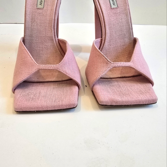 Gia Borghini X Rosie Huntington-Whiteley linen pink block heel sandal, size 38.5 - Picture 7 of 8